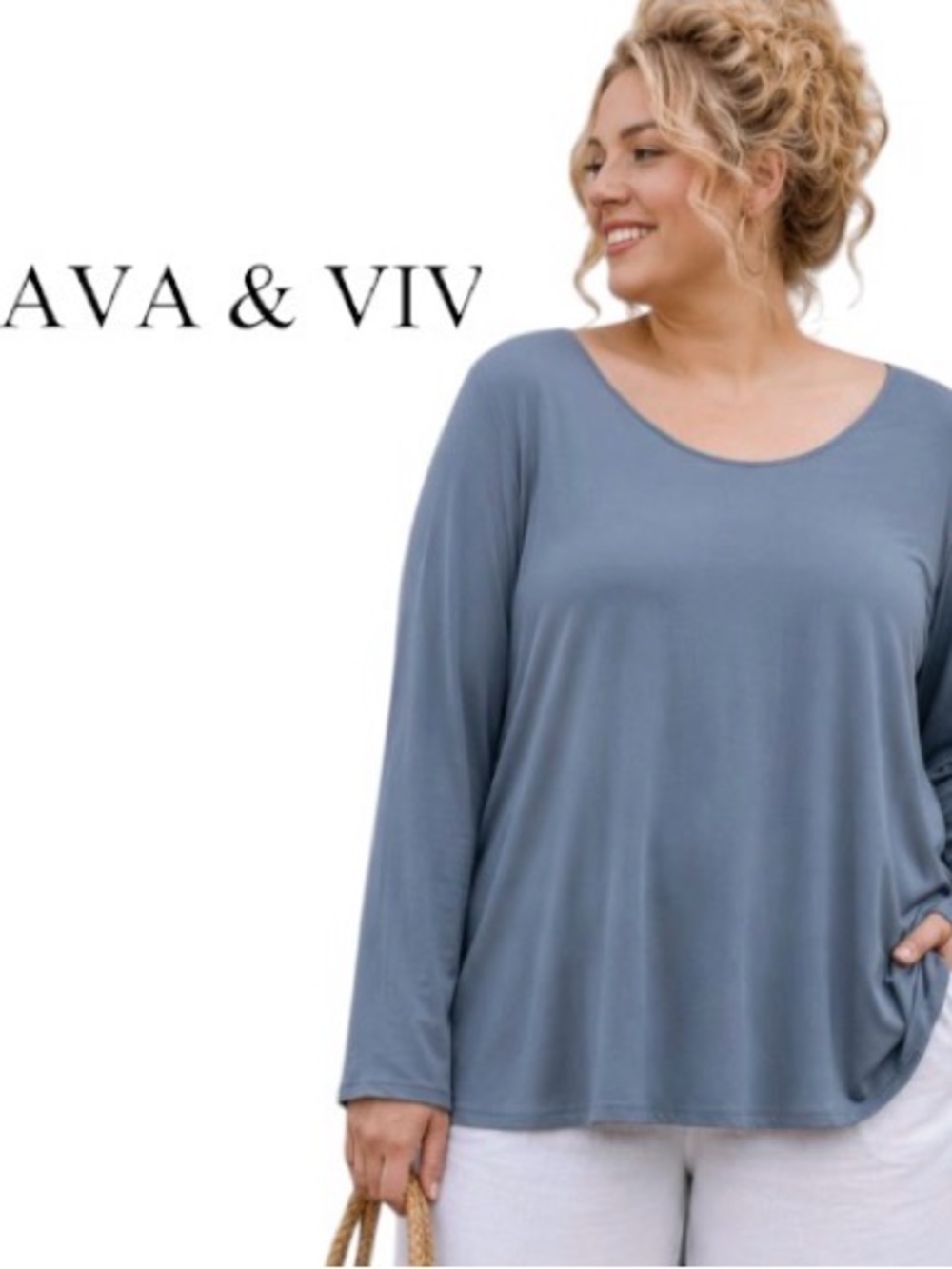4X Ava & Viv Scoop Neck Flowy Long Sleeved Top in Sandwashed Blue